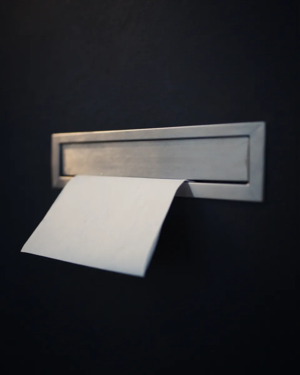 A brushed steel letterbox in an anthracite door, a white sheet half through the flap.